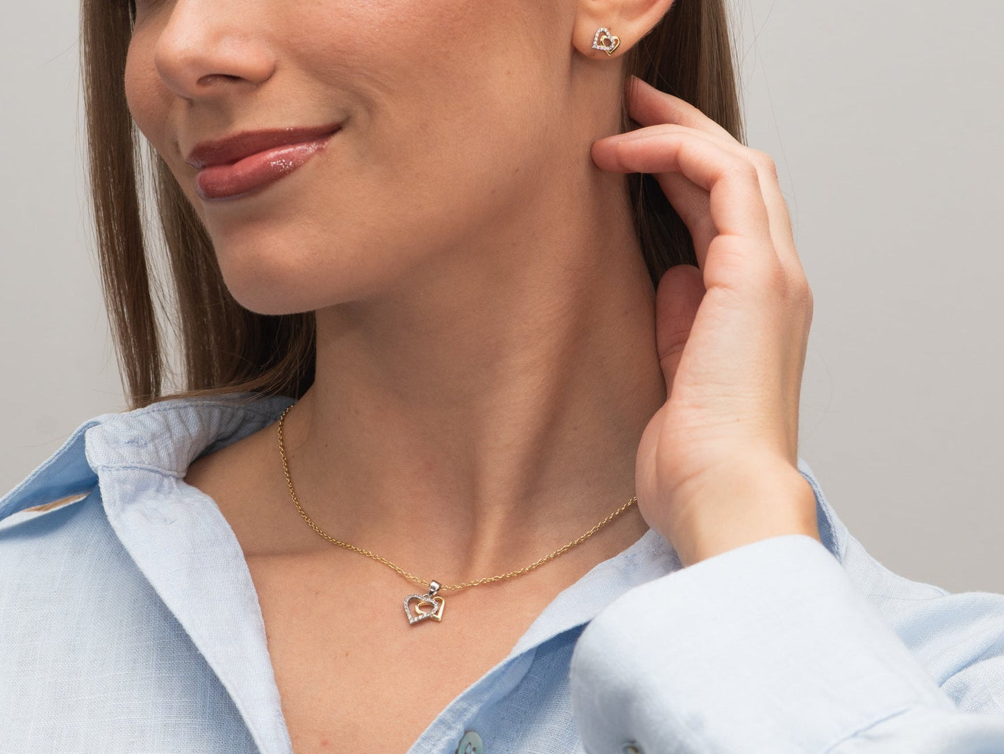 Vergoldete Silber-Halskette mit doppeltem Herz und weißem Zirkonia miaGemo